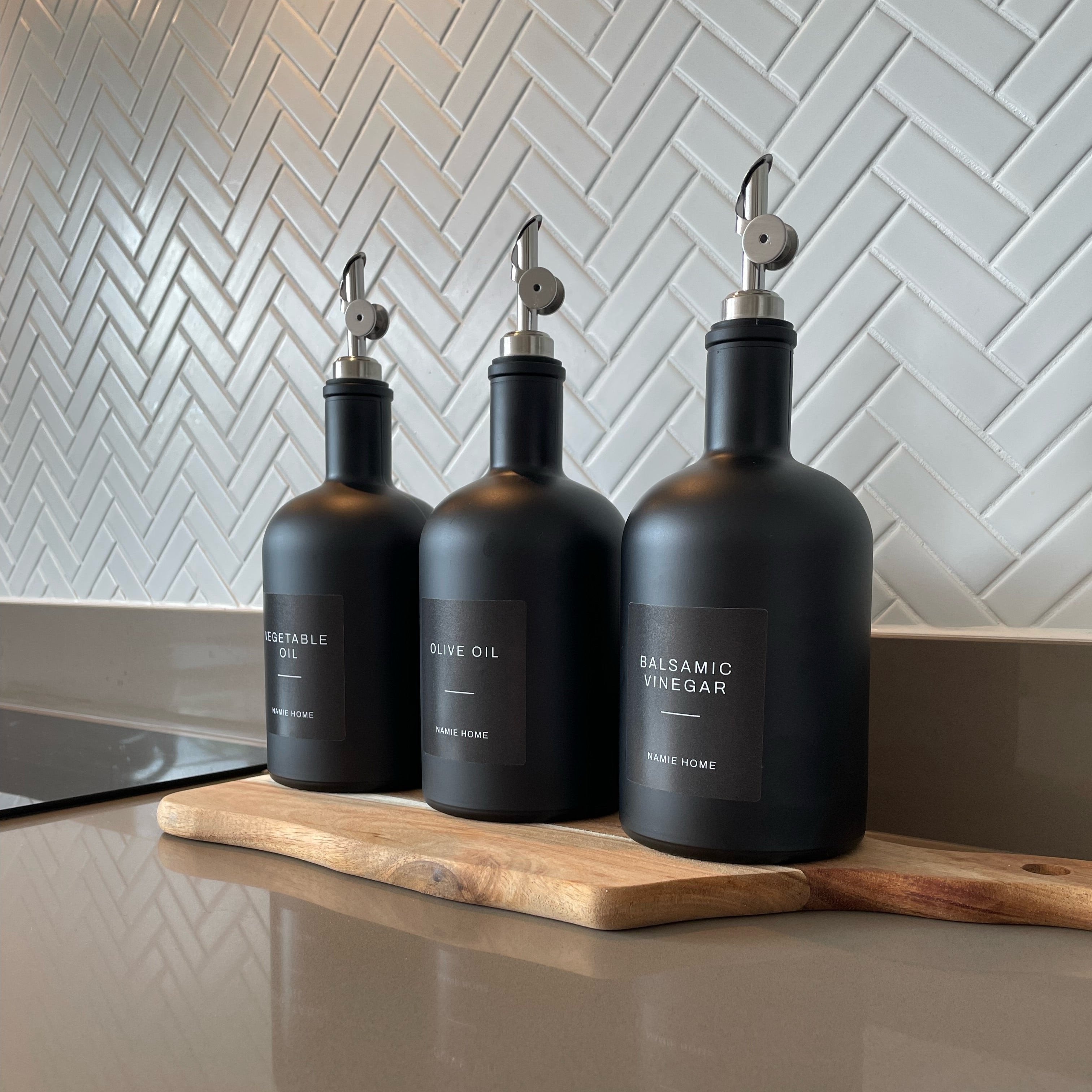 Matte Black Glass Tall Neck Oil Bottle With Label - Namie Home