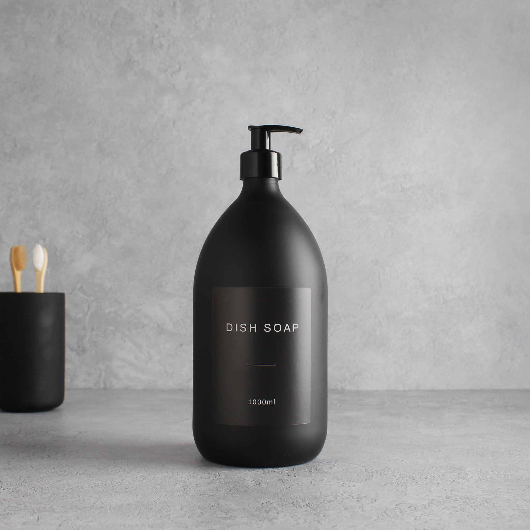 Labelled Matte Black Glass Dispenser Bottle With Black Pump - Namie Home