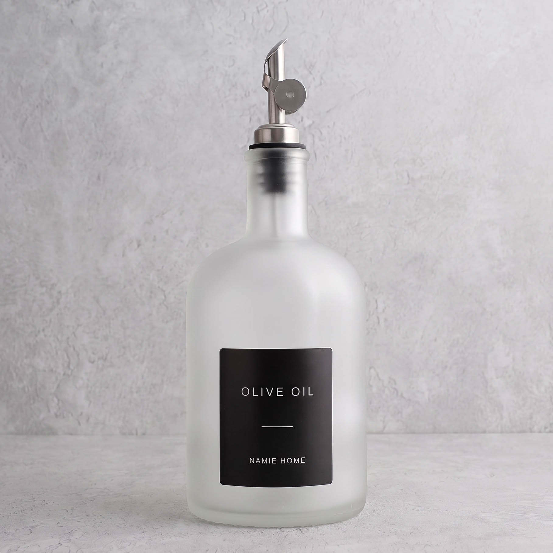 Frosted White Glass Tall Neck Oil Bottle With Label - silver lid