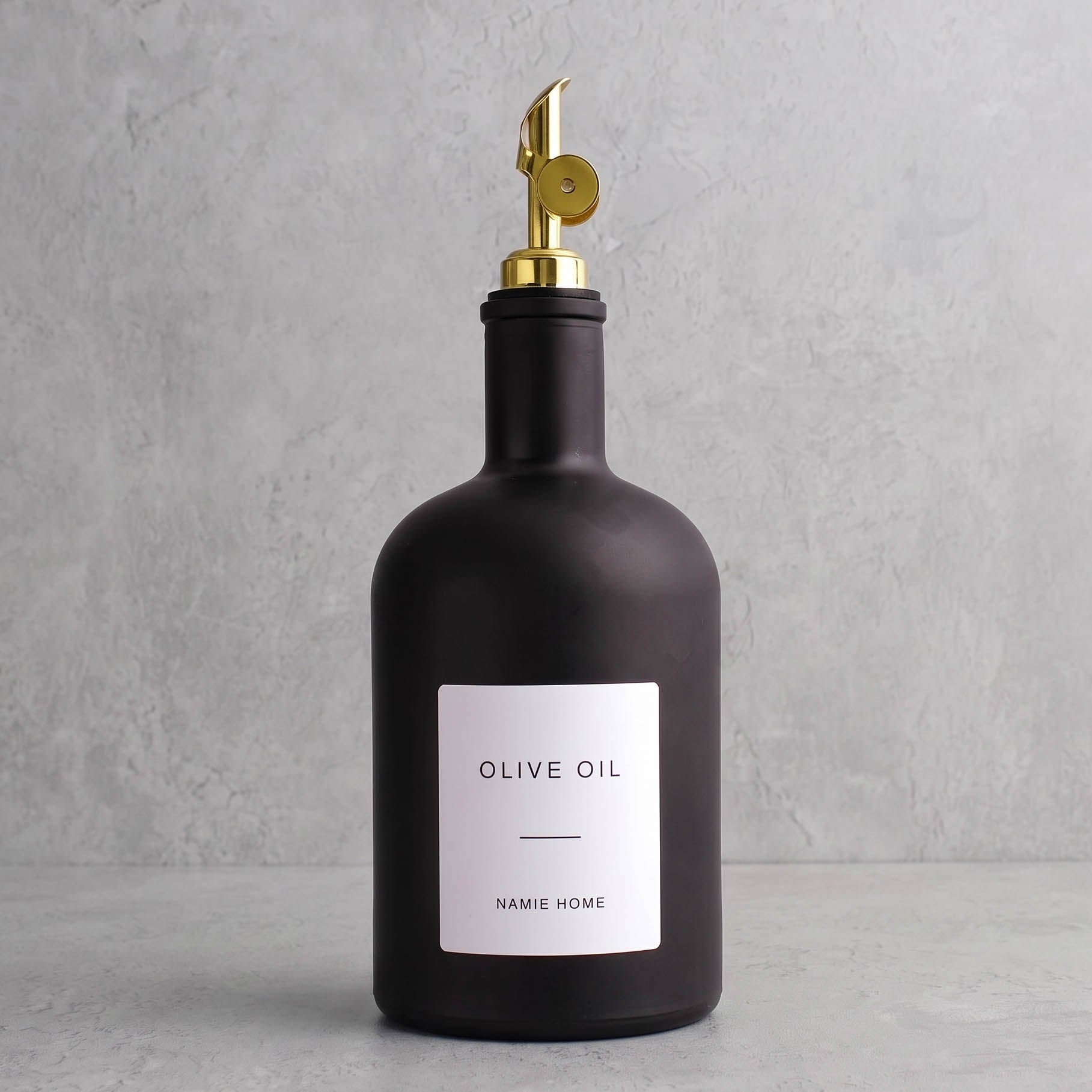 Matte Black Glass Tall Neck Oil Bottle With Label - gold lid