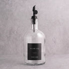 Clear Glass Tall Neck Oil Bottle With Label - black lid
