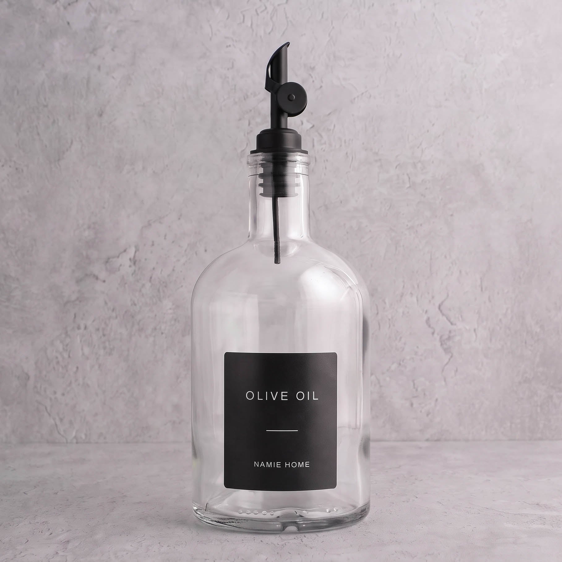 Clear Glass Tall Neck Oil Bottle With Label - black lid