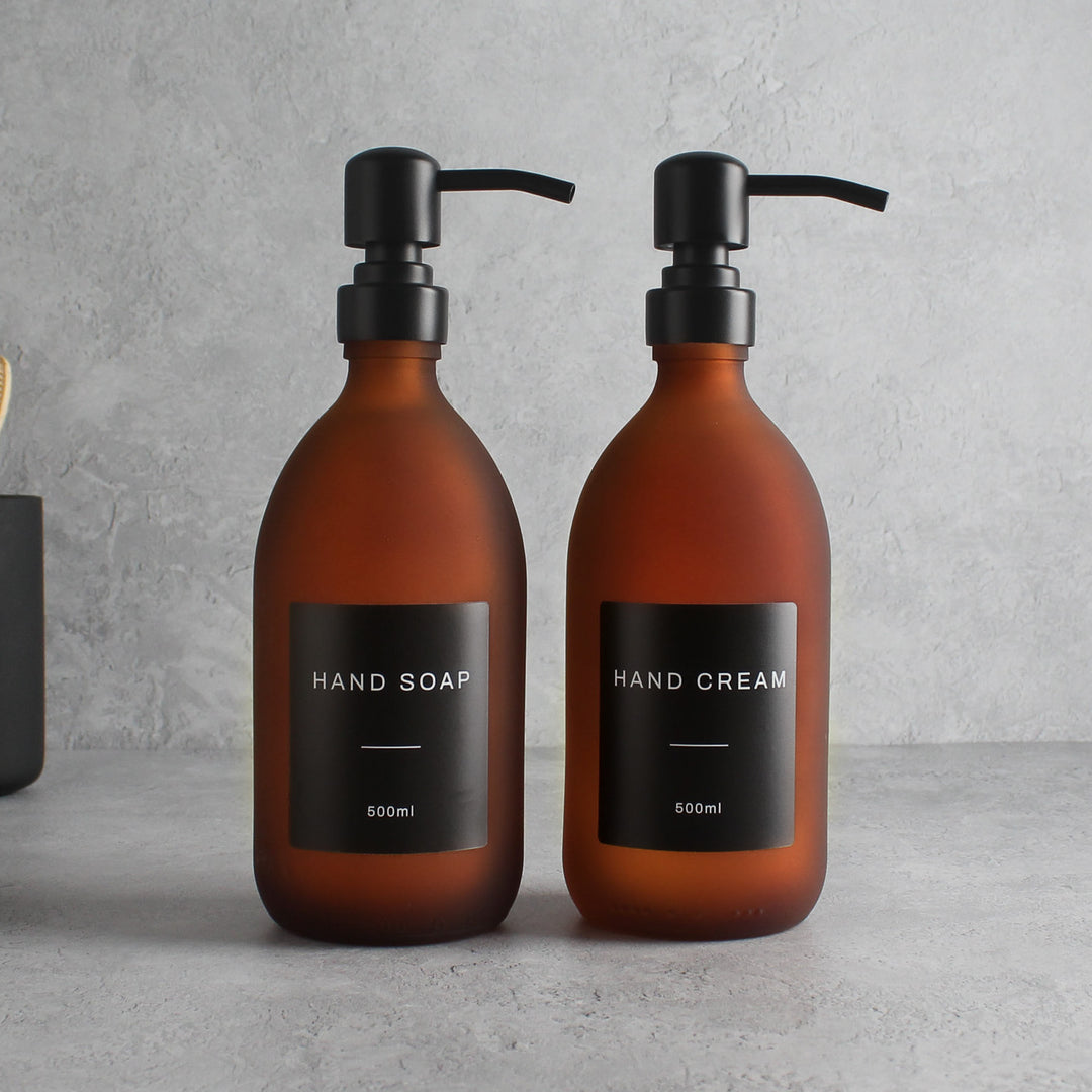 Hand Soap & Hand Cream Frosted Amber Glass Set