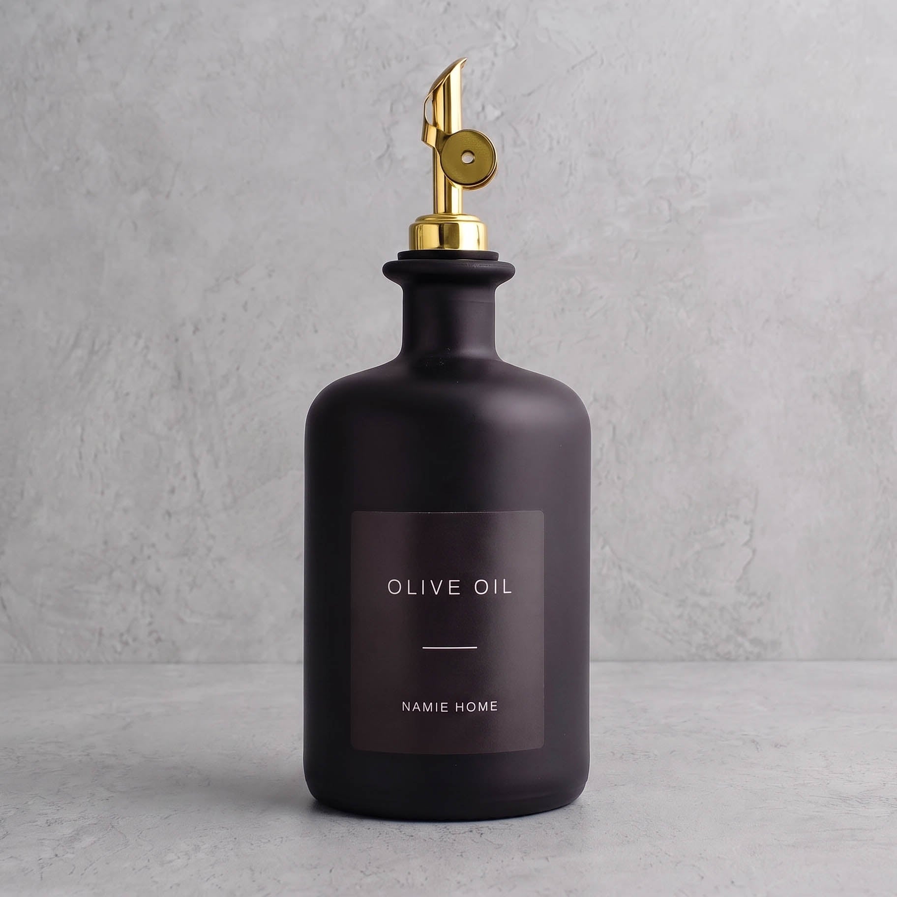 Matte Black Glass Oil Bottle With Label - gold lid