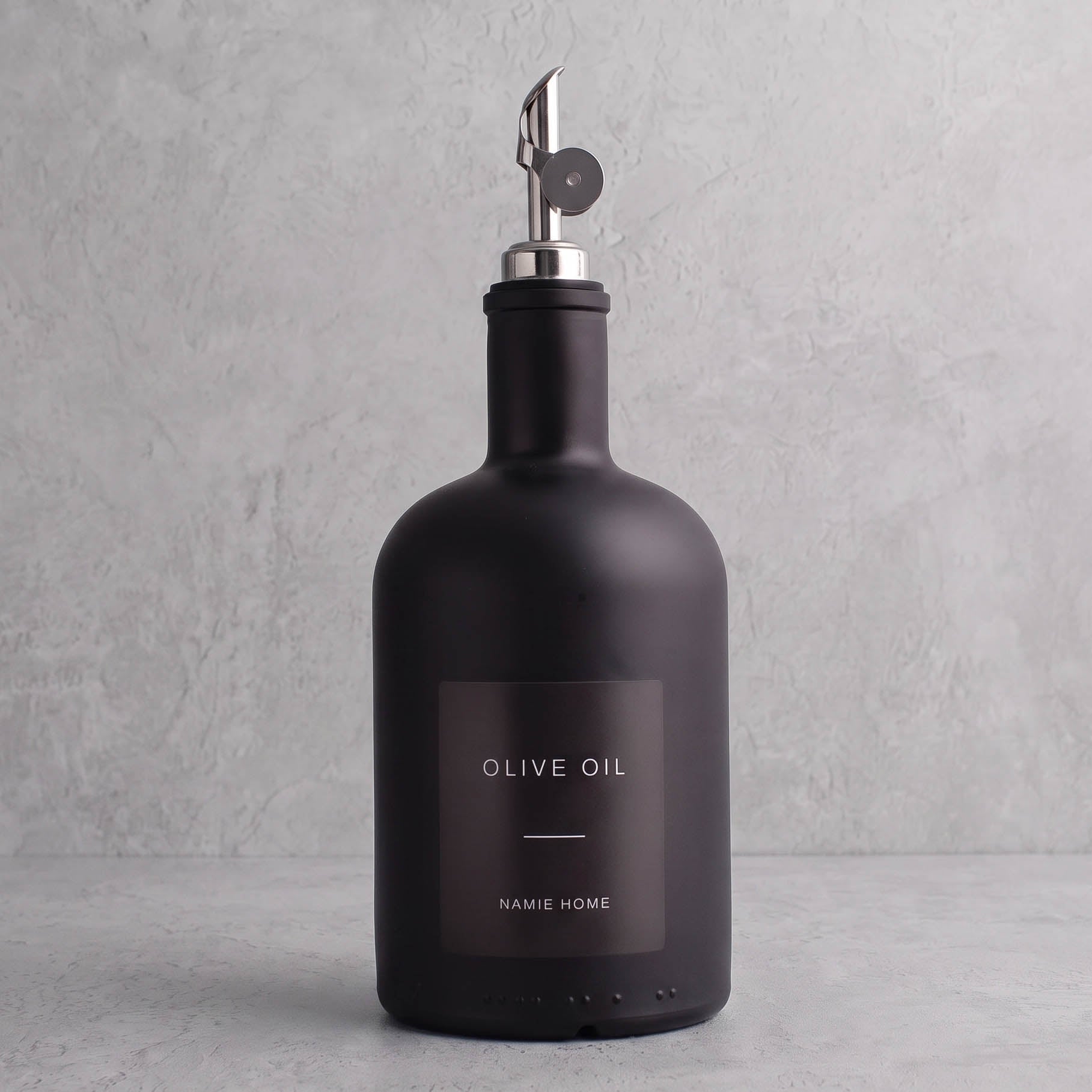 Matte Black Glass Tall Neck Oil Bottle With Label - silver lid