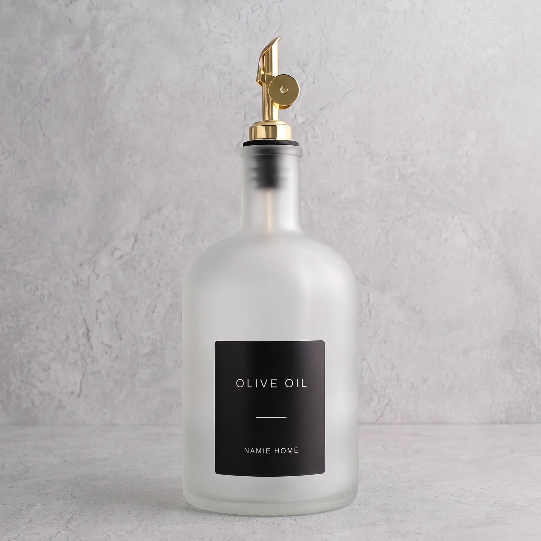 Frosted White Glass Tall Neck Oil Bottle With Label - gold lid