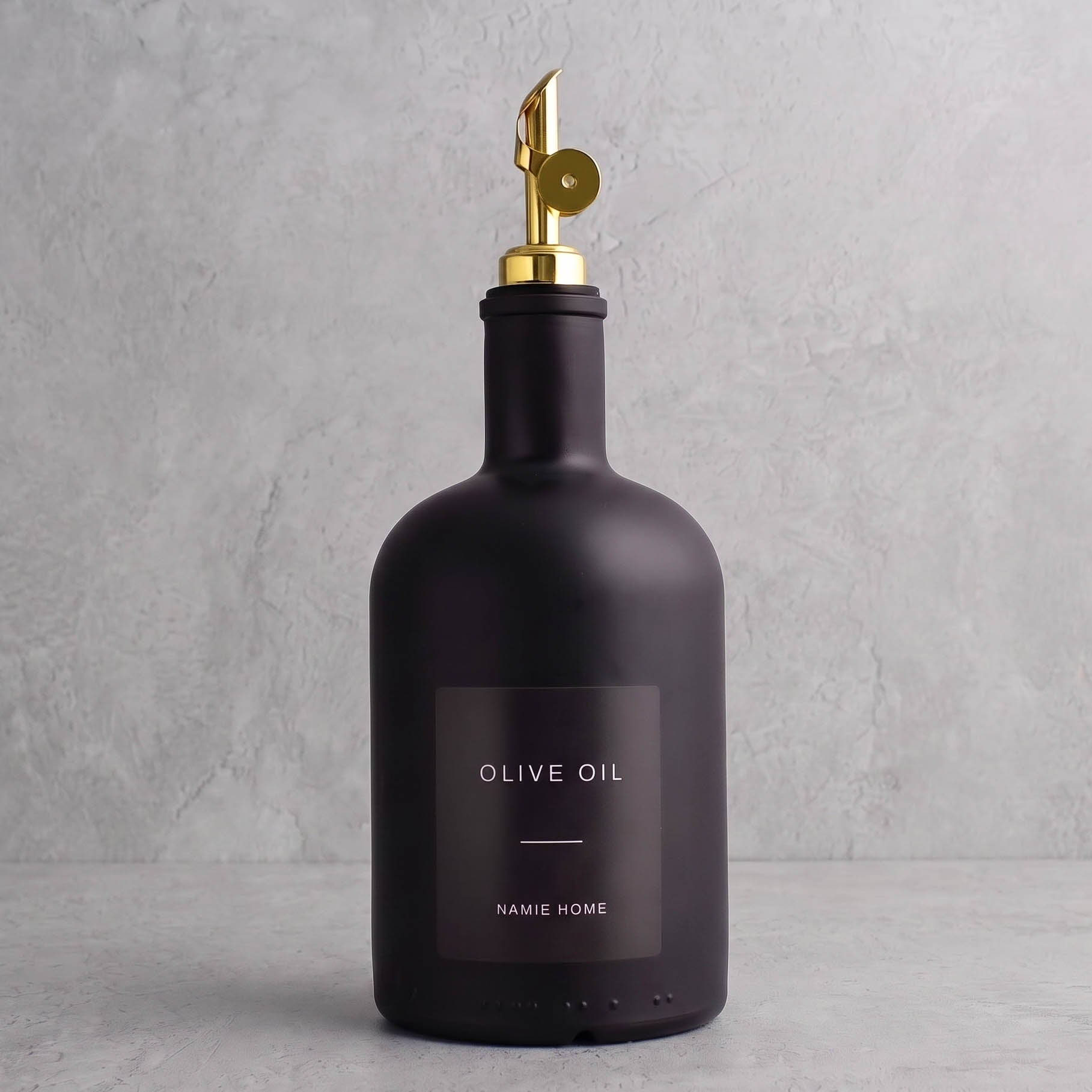Matte Black Glass Tall Neck Oil Bottle With Label - gold lid