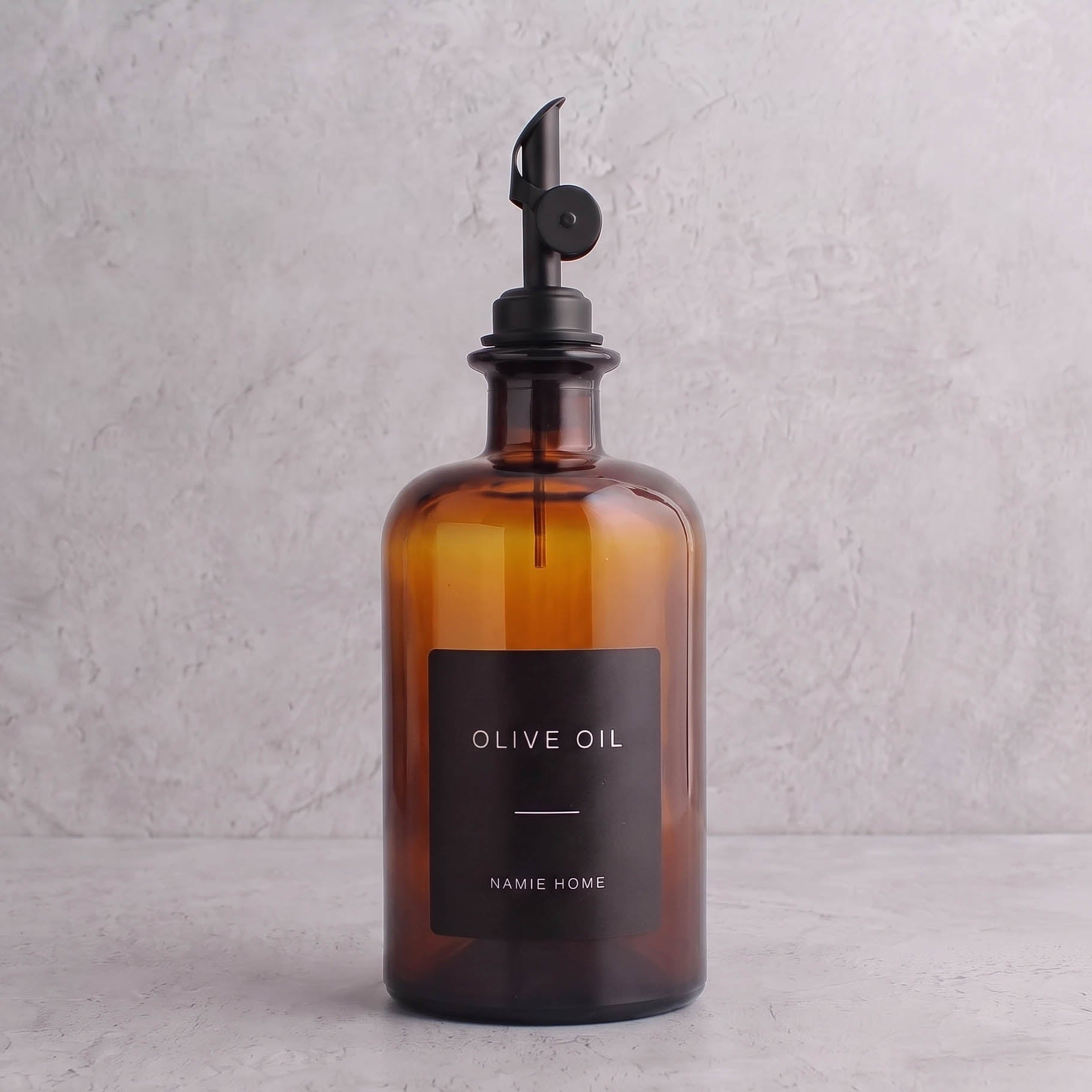 Amber Glass Oil Bottle With Label - black lid