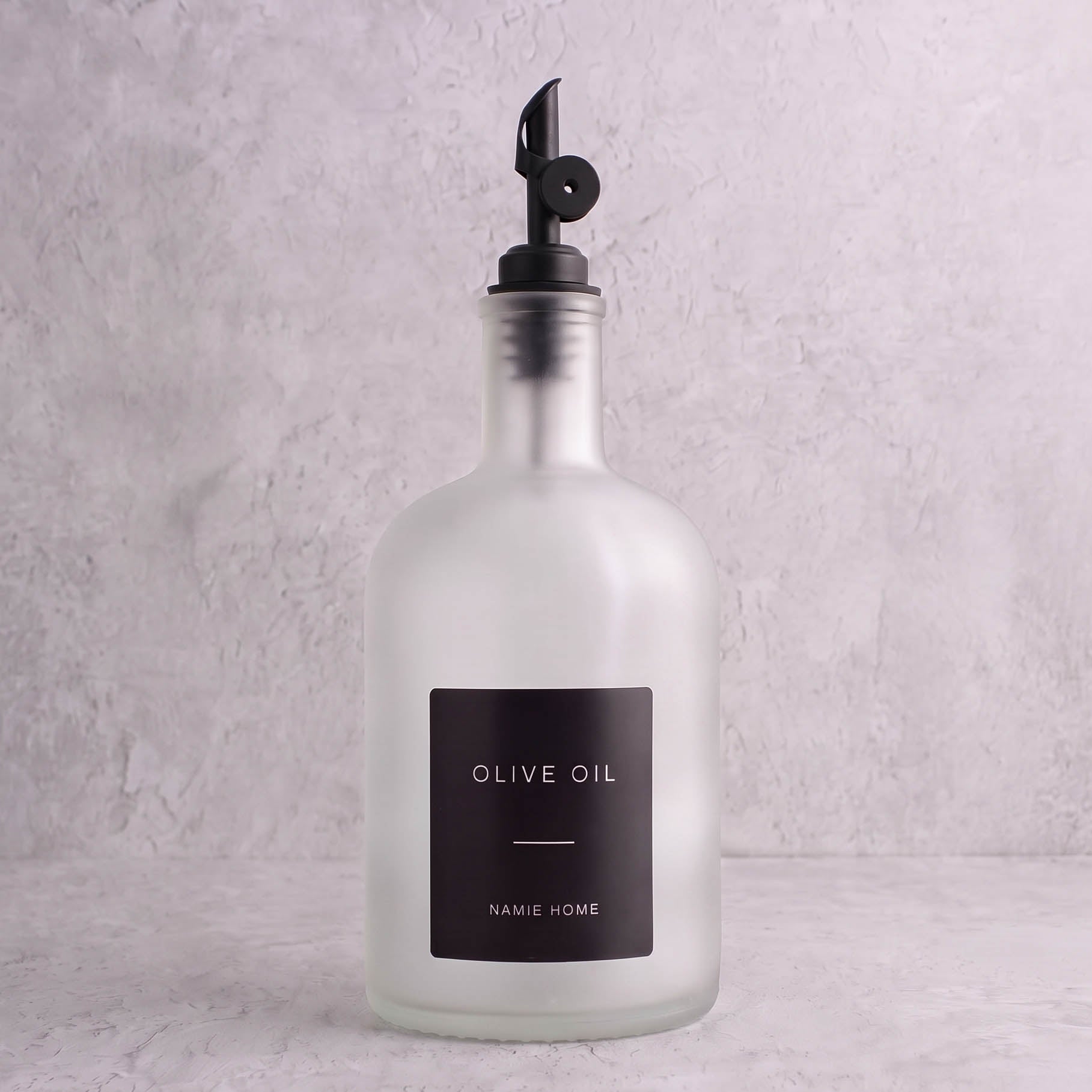 Frosted White Glass Tall Neck Oil Bottle With Label - black lid