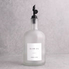 Frosted White Glass Tall Neck Oil Bottle With Label - black lid