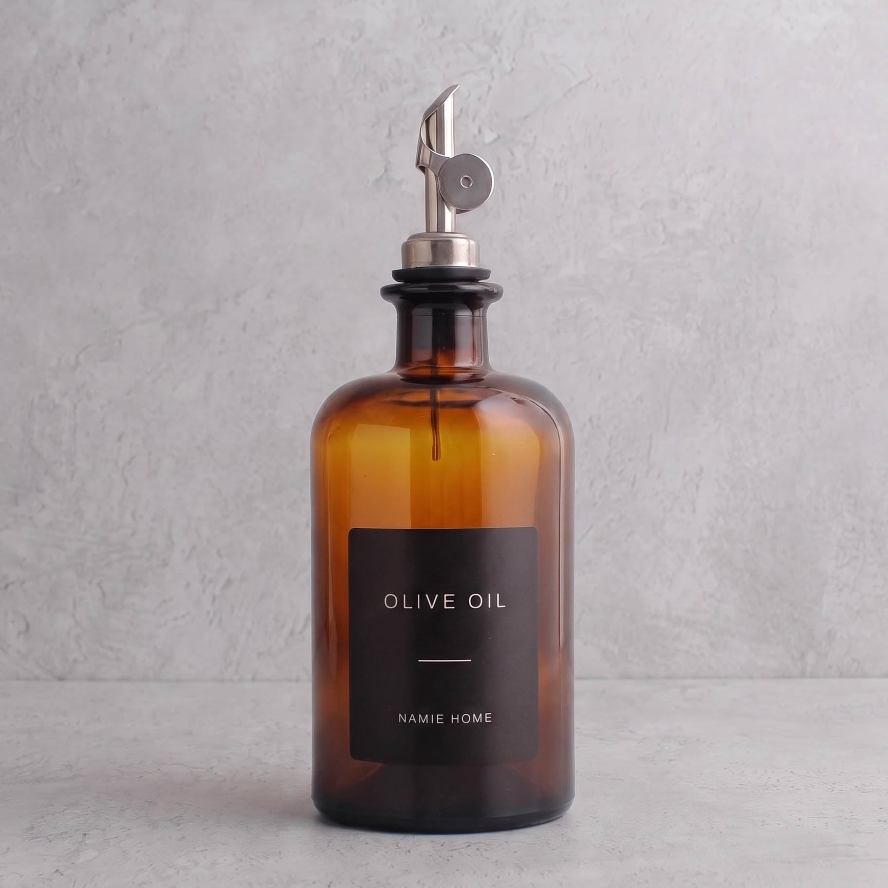Amber Glass Oil Bottle With Label - silver lid