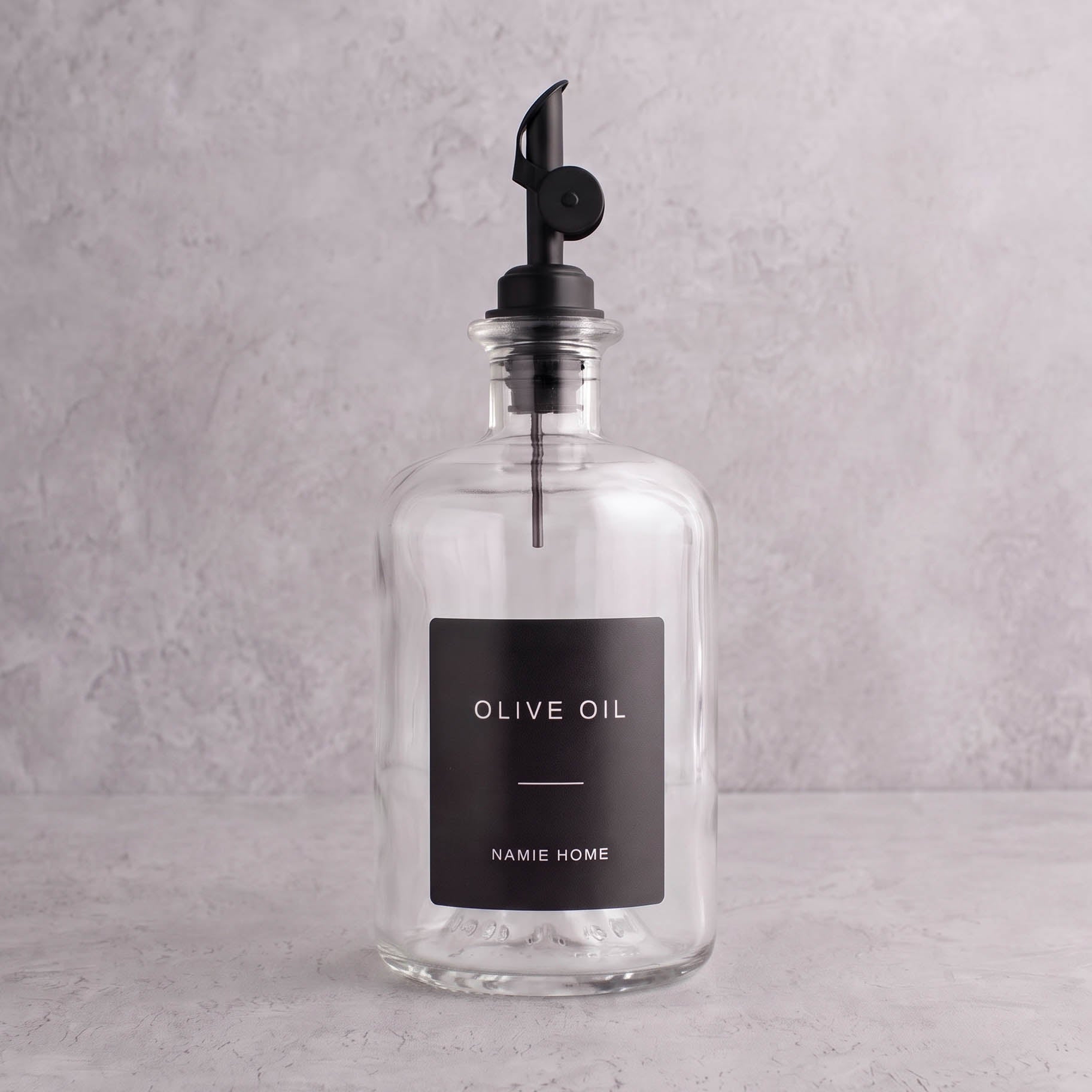 Clear Glass Oil Bottle With Label - black lid