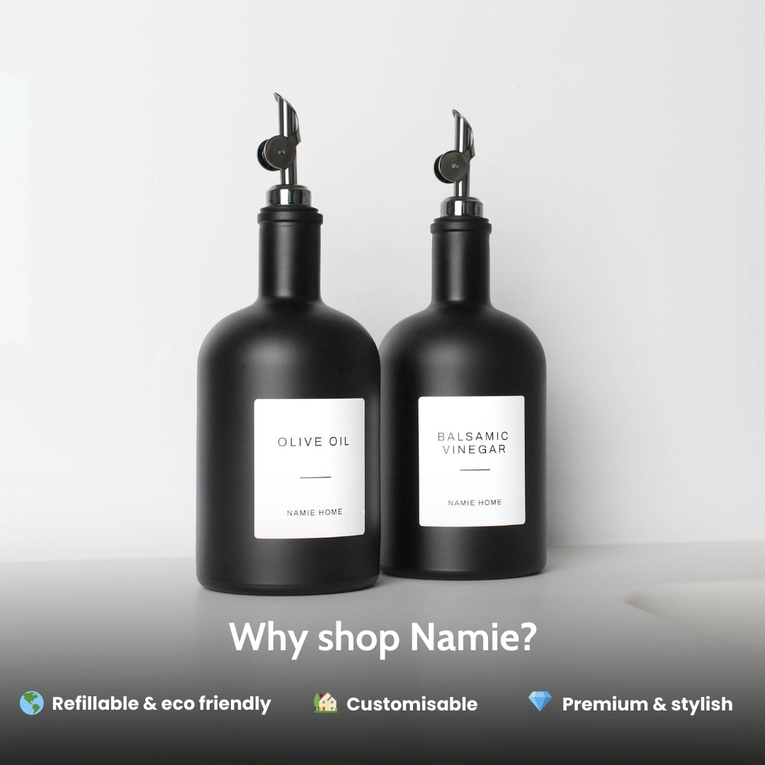 Matte Black Glass Tall Neck Oil Bottle With Label - Namie Home