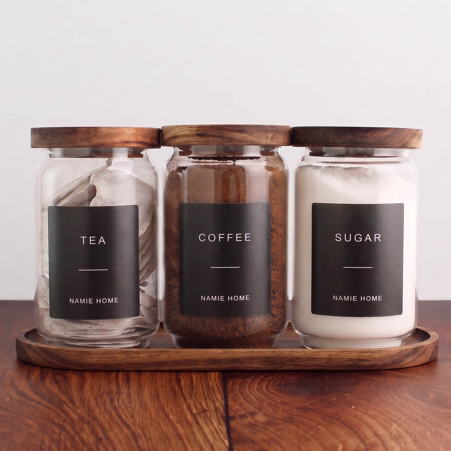 Tea Coffee Sugar Storage Jar Set With Acacia Lids & Acacia Tray