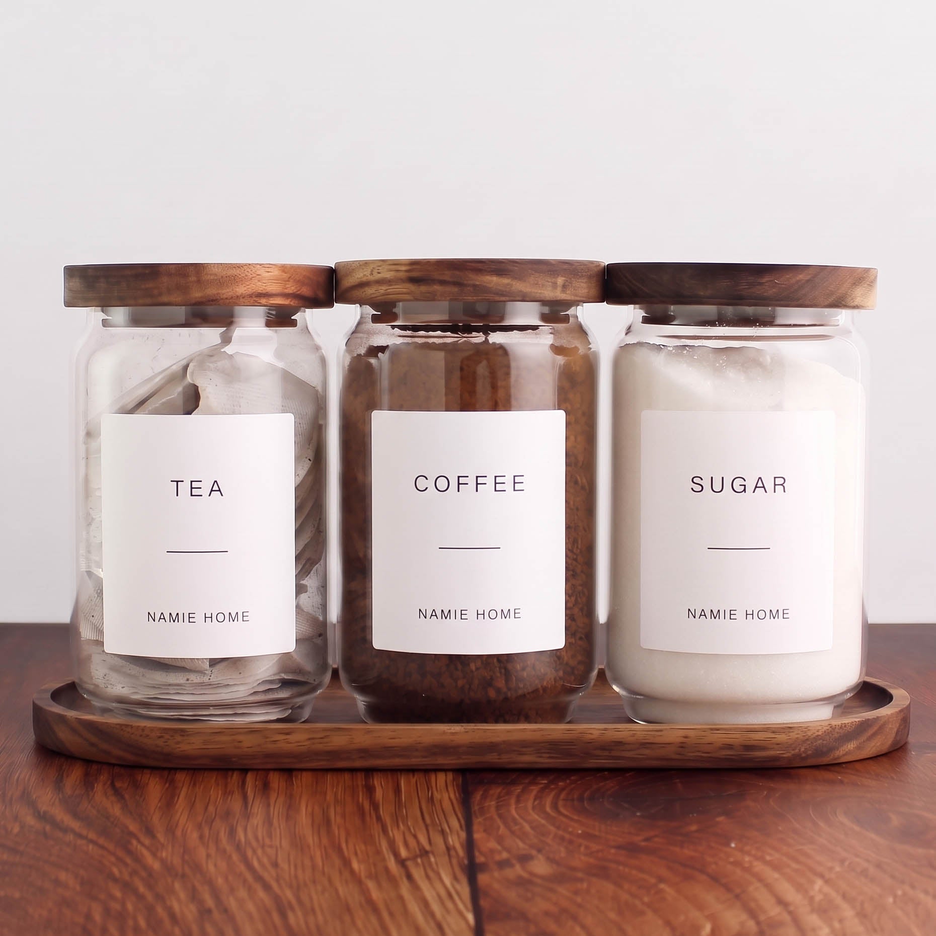Tea Coffee Sugar Storage Jar Set With Acacia Lids & Acacia Tray