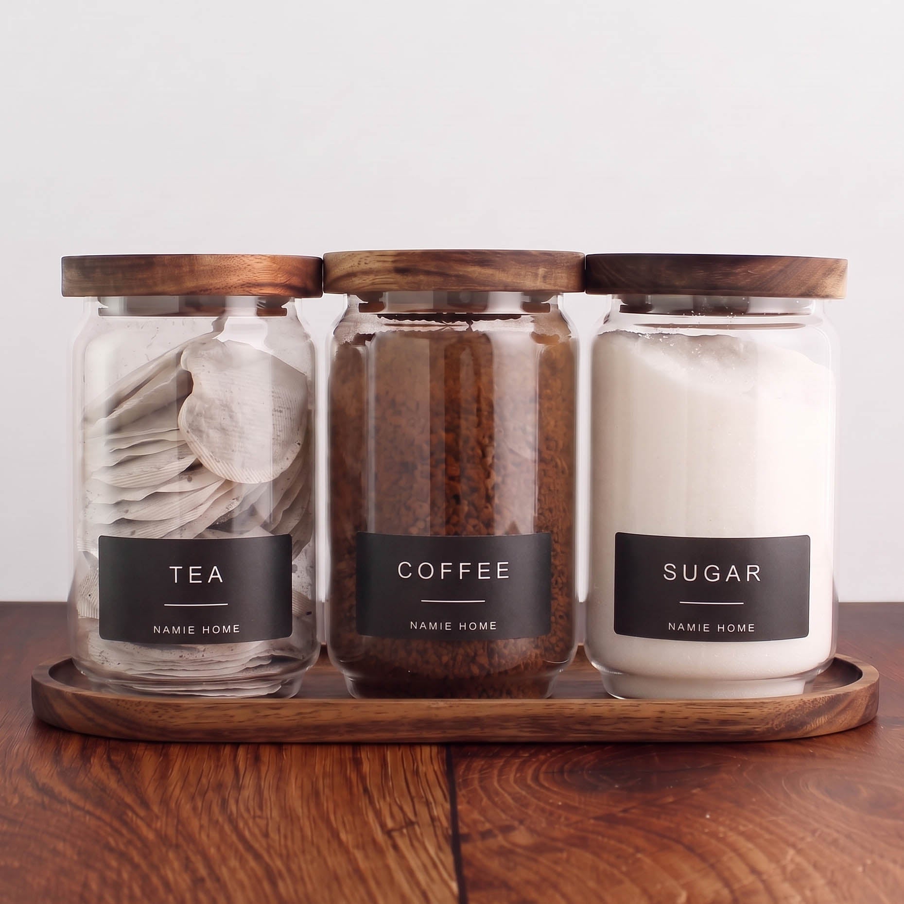 Tea Coffee Sugar Storage Jar Set With Acacia Lids & Acacia Tray