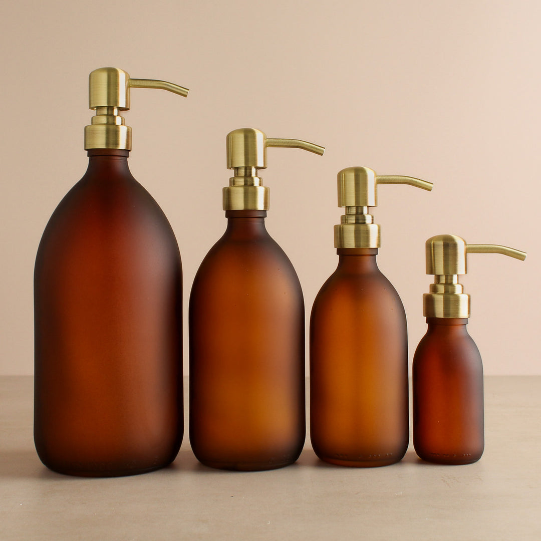 Frosted Amber Glass Dispenser Bottle With Gold Pump