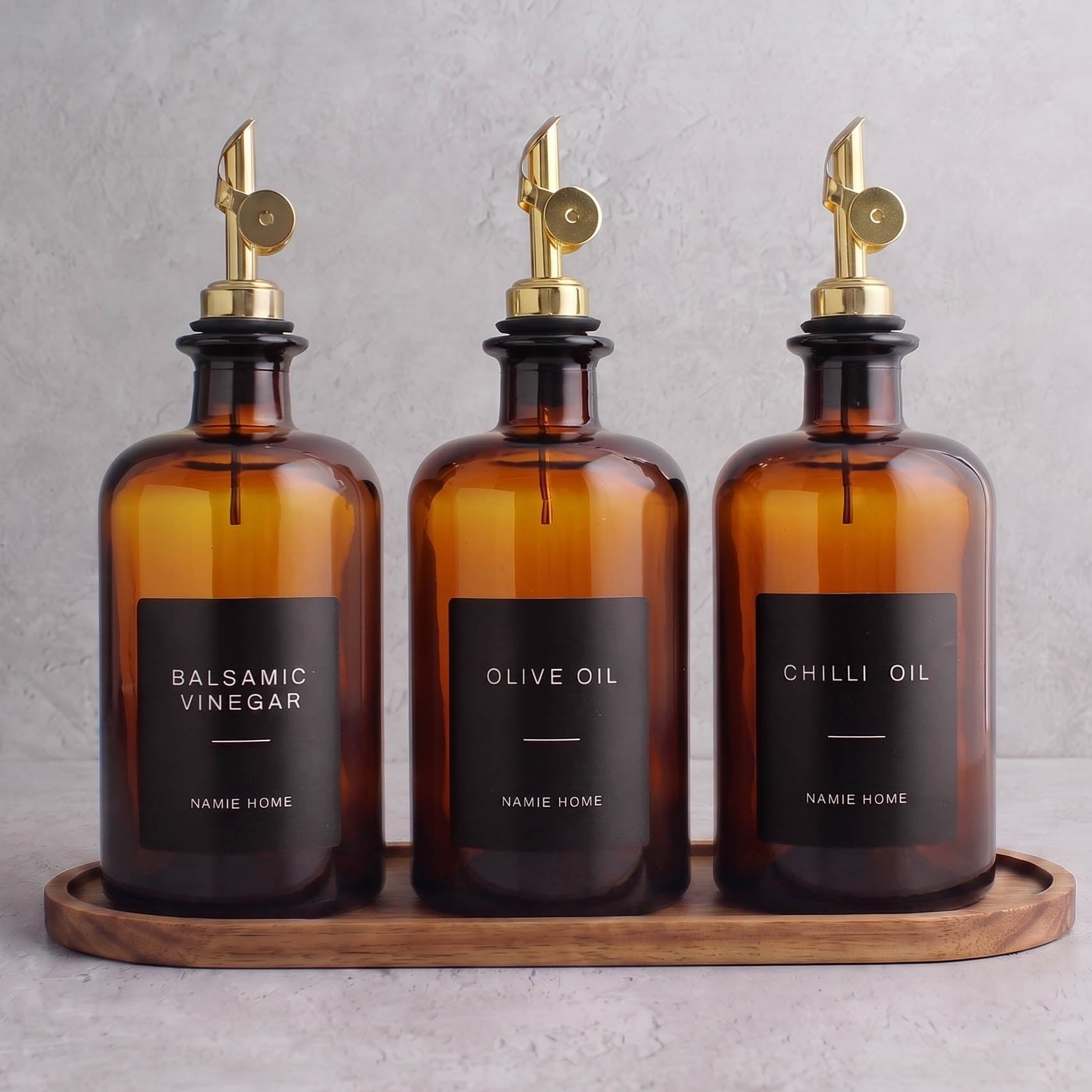 Amber Glass Oil & Vinegar Set of 3 with Acacia Tray