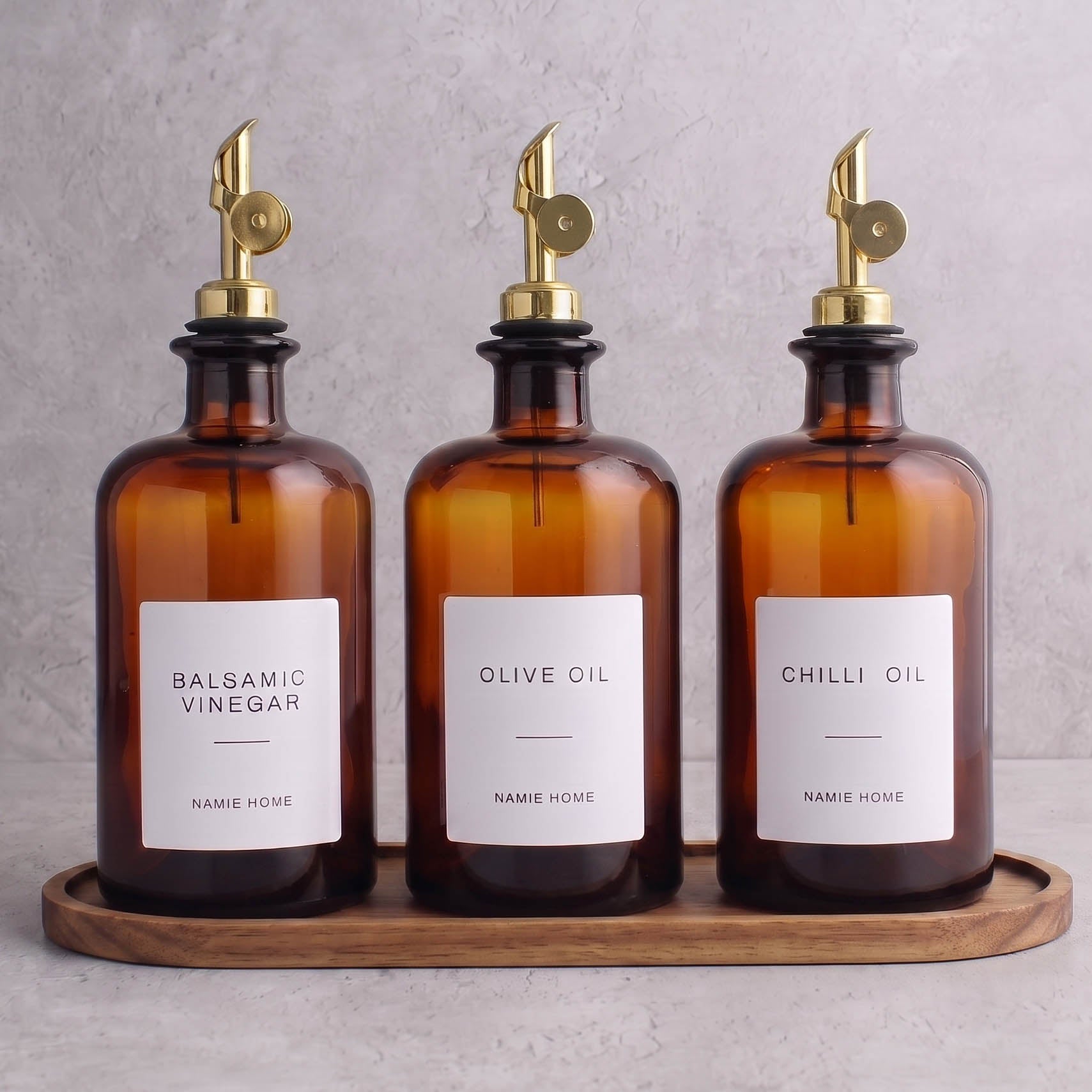 Amber Glass Oil & Vinegar Set of 3 with Acacia Tray