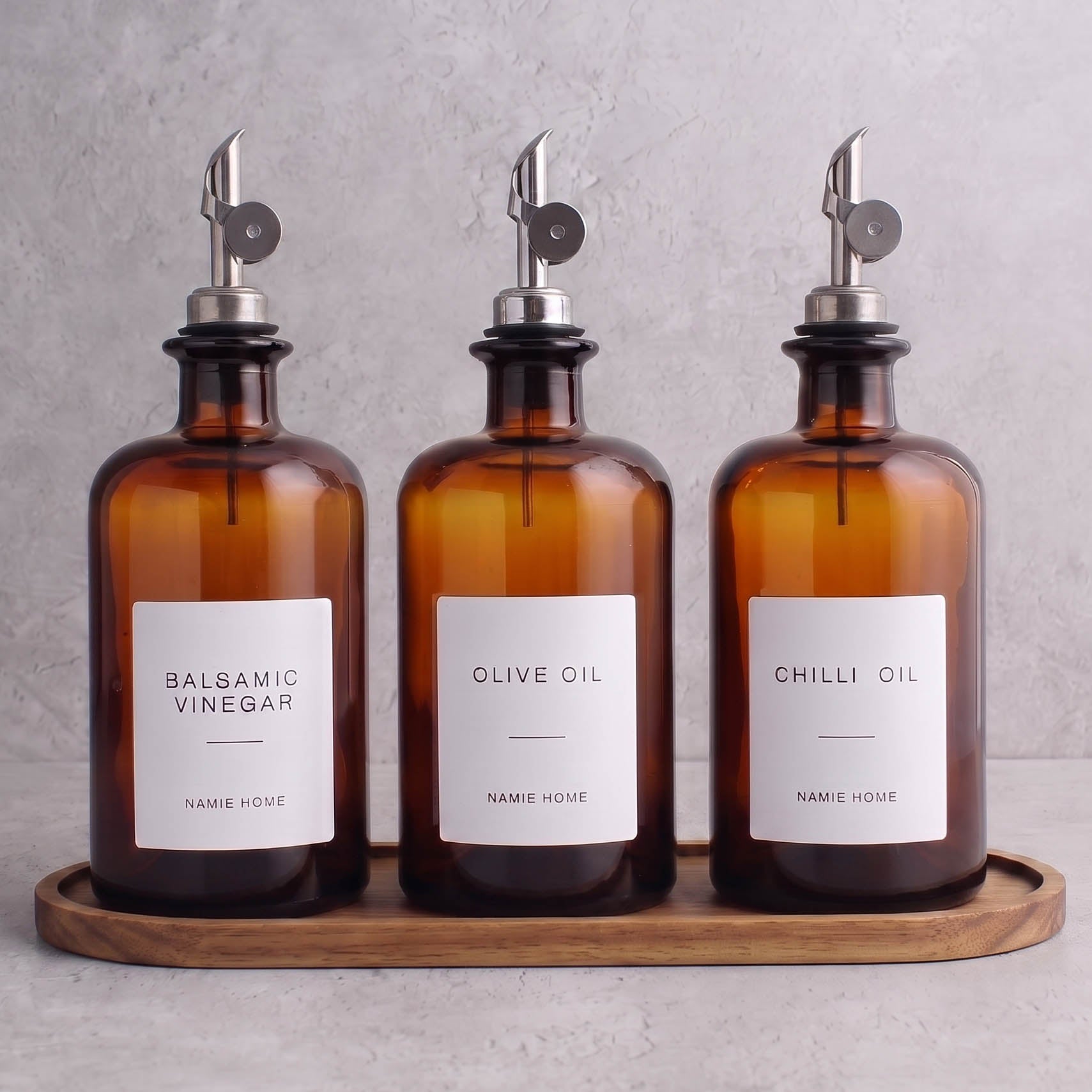 Amber Glass Oil & Vinegar Set of 3 with Acacia Tray