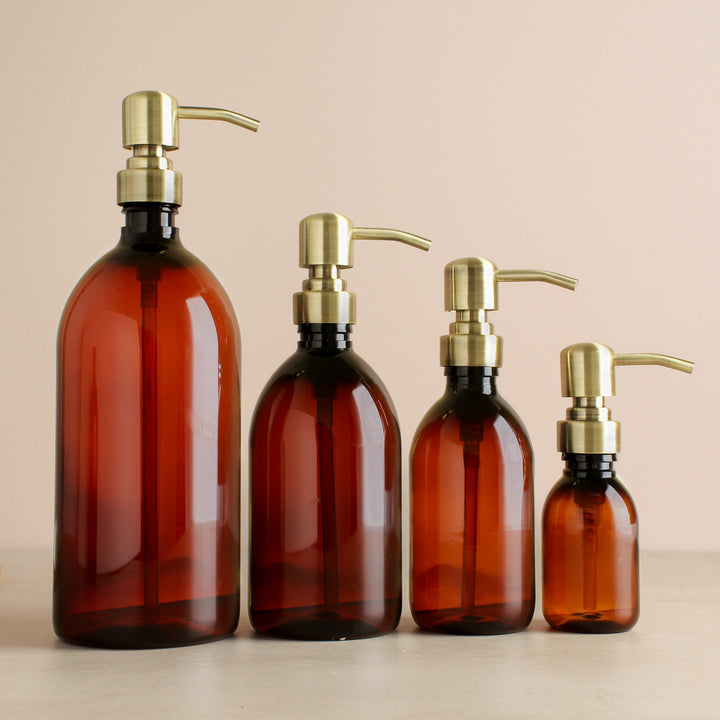 Amber Plastic Dispenser Bottle With Metal Gold Pump