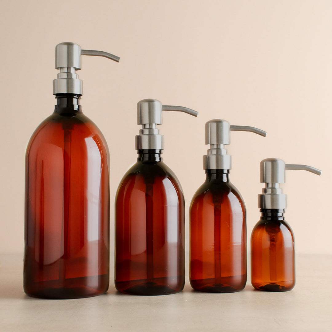 Amber Plastic Dispenser Bottle With Silver Pump