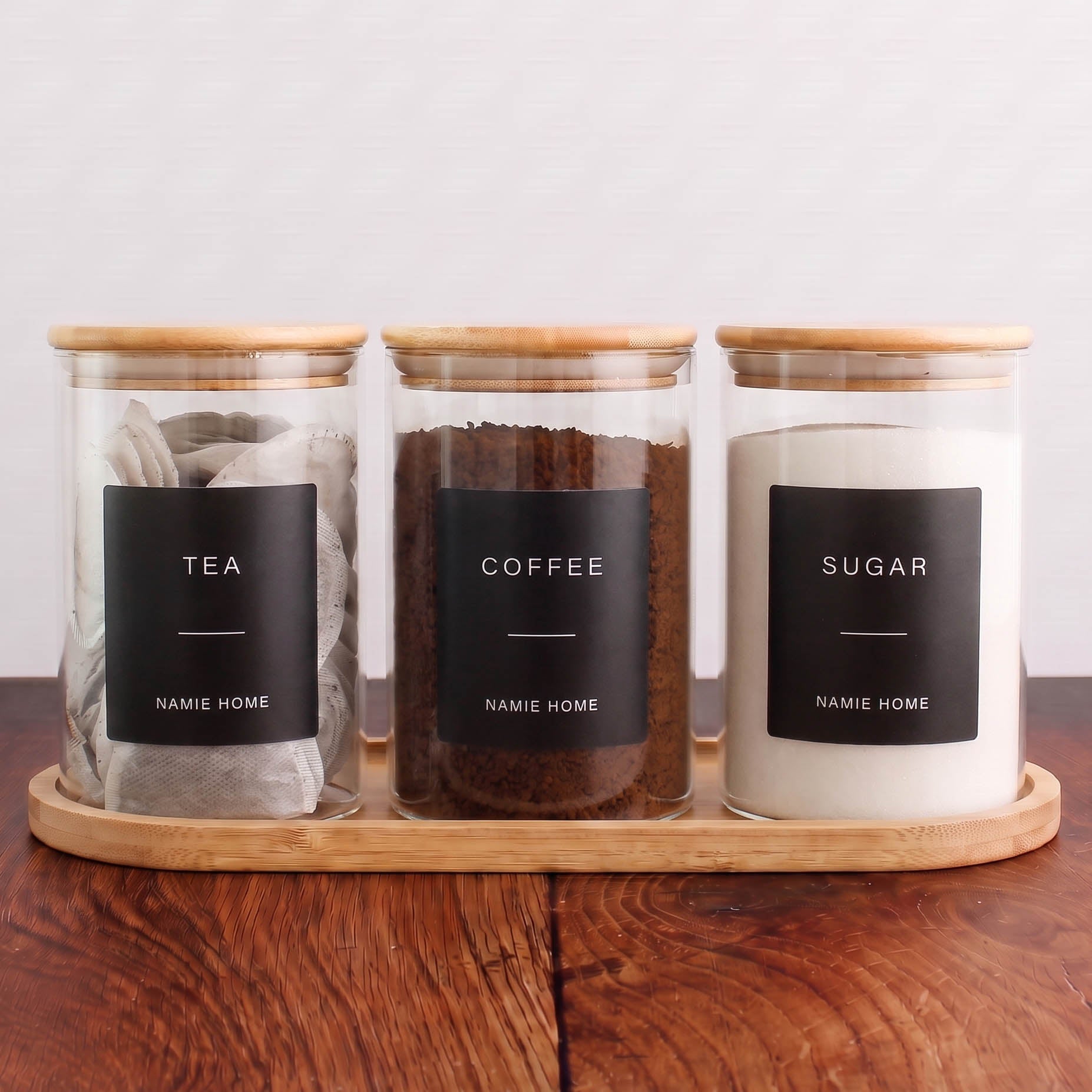 Tea Coffee Sugar Storage Jar Set With Bamboo Lids & Bamboo Tray