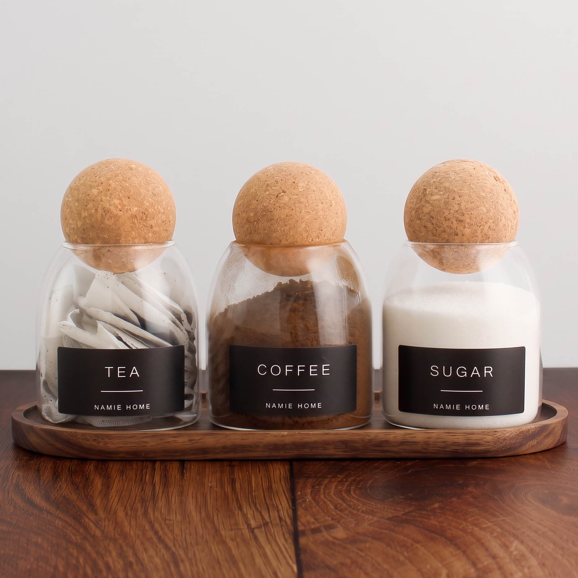 Tea Coffee Sugar Cork Ball Storage Jar Set With Acacia Tray - Small Jars