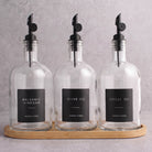 Clear Glass Tall Neck Oil & Vinegar Set of 3 with Bamboo Tray