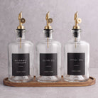 Clear Glass Oil & Vinegar Set of 3 with Acacia Tray