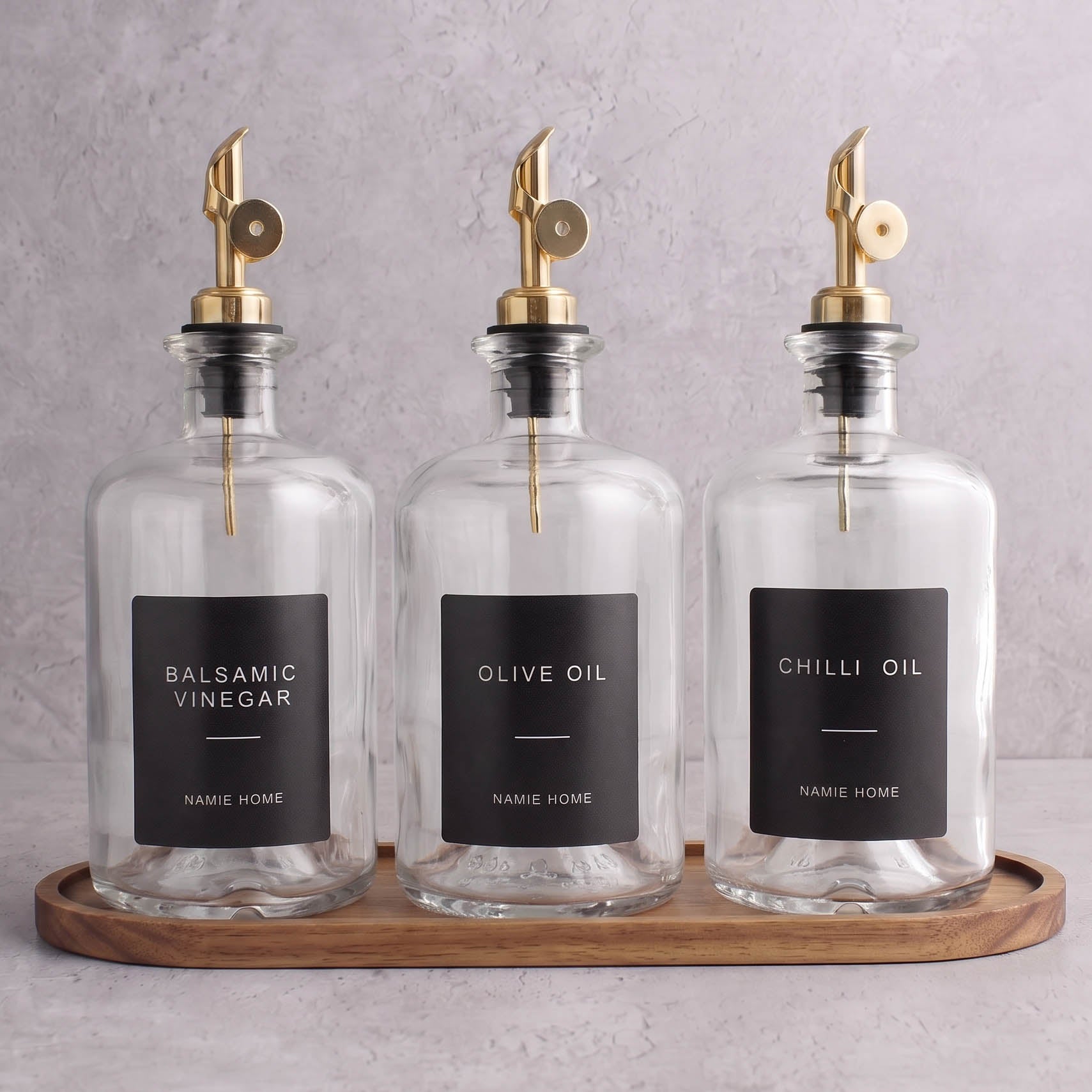 Clear Glass Oil & Vinegar Set of 3 with Acacia Tray