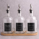 Clear Glass Tall Neck Oil & Vinegar Set of 3 with Bamboo Tray