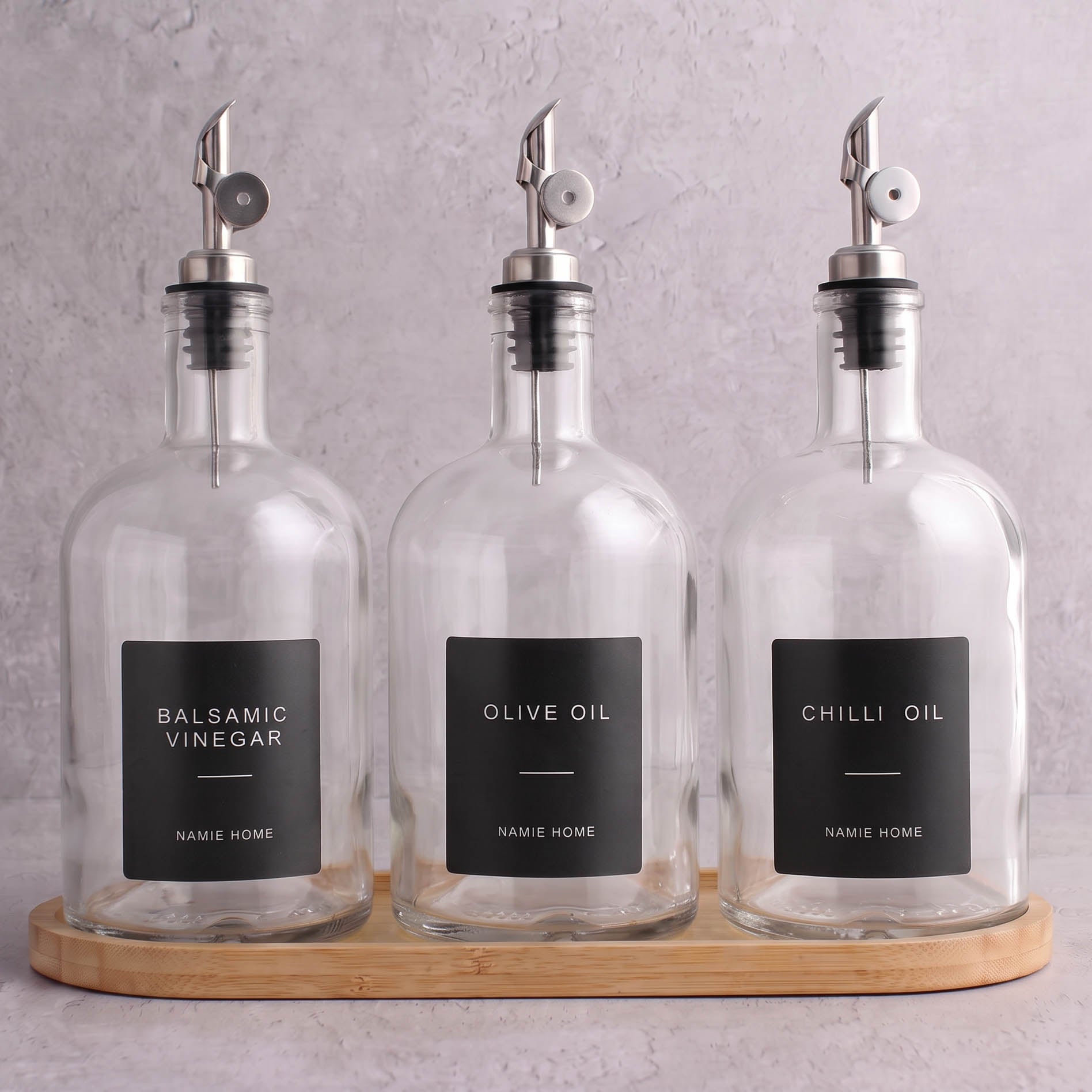 Clear Glass Tall Neck Oil & Vinegar Set of 3 with Bamboo Tray