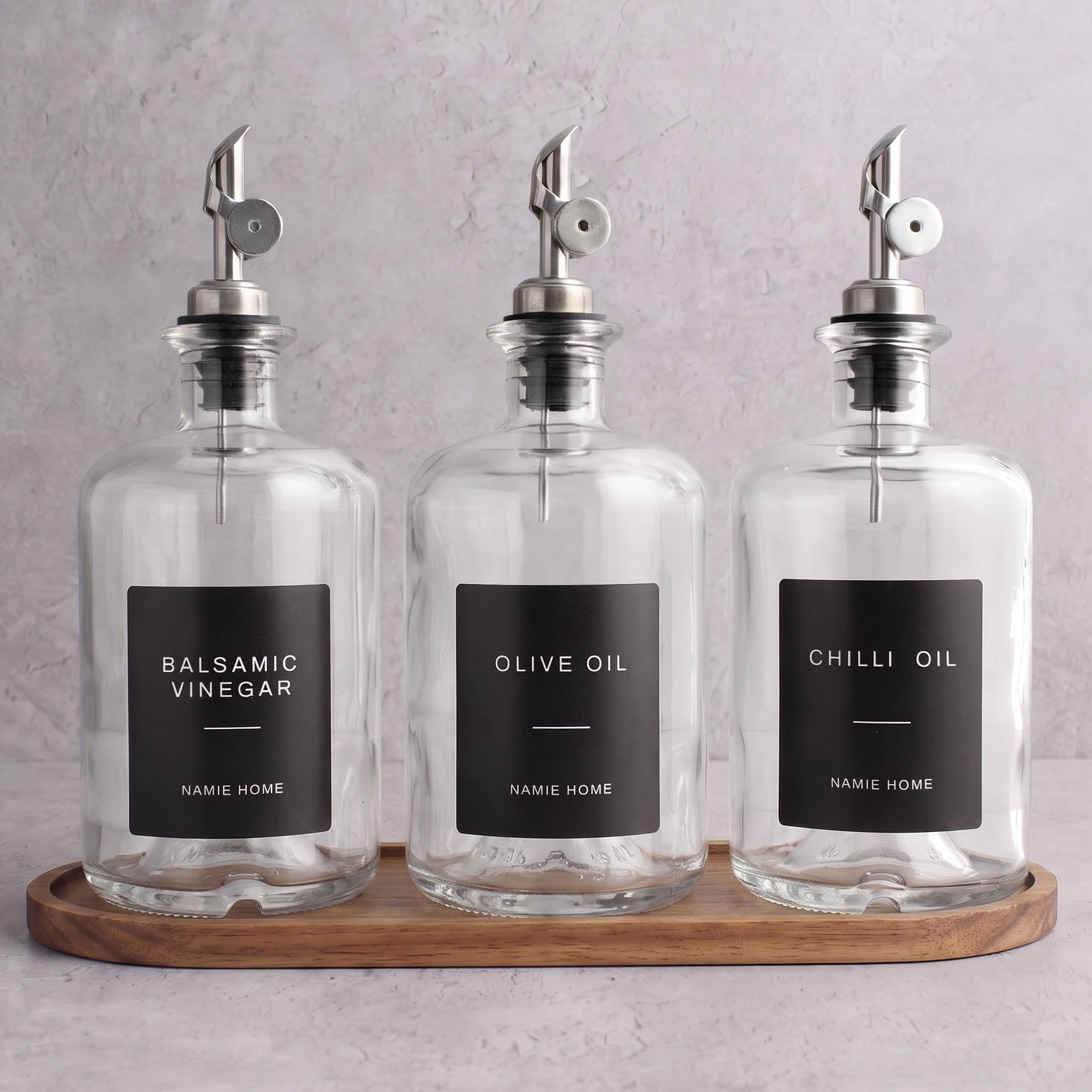 Clear Glass Oil & Vinegar Set of 3 with Acacia Tray