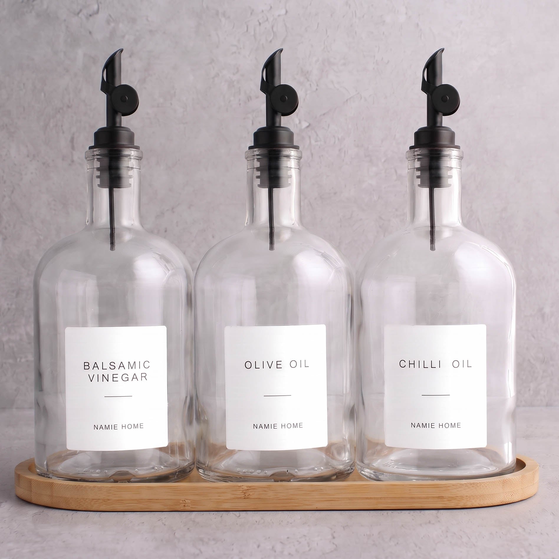 Clear Glass Tall Neck Oil & Vinegar Set of 3 with Bamboo Tray