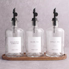 Clear Glass Oil & Vinegar Set of 3 with Acacia Tray