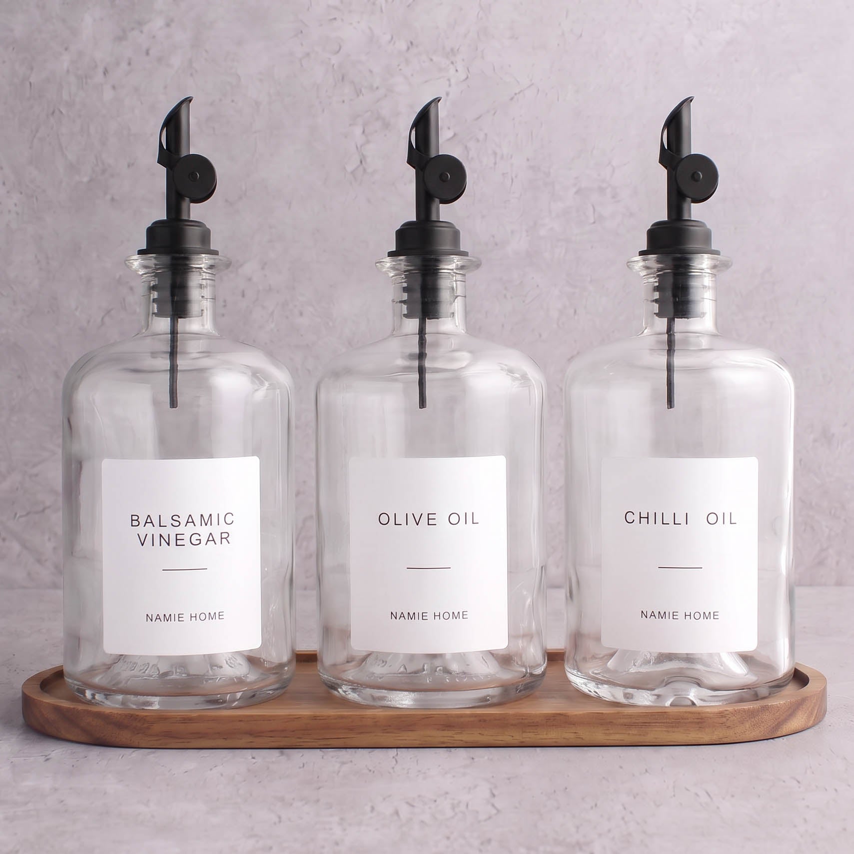 Clear Glass Oil & Vinegar Set of 3 with Acacia Tray