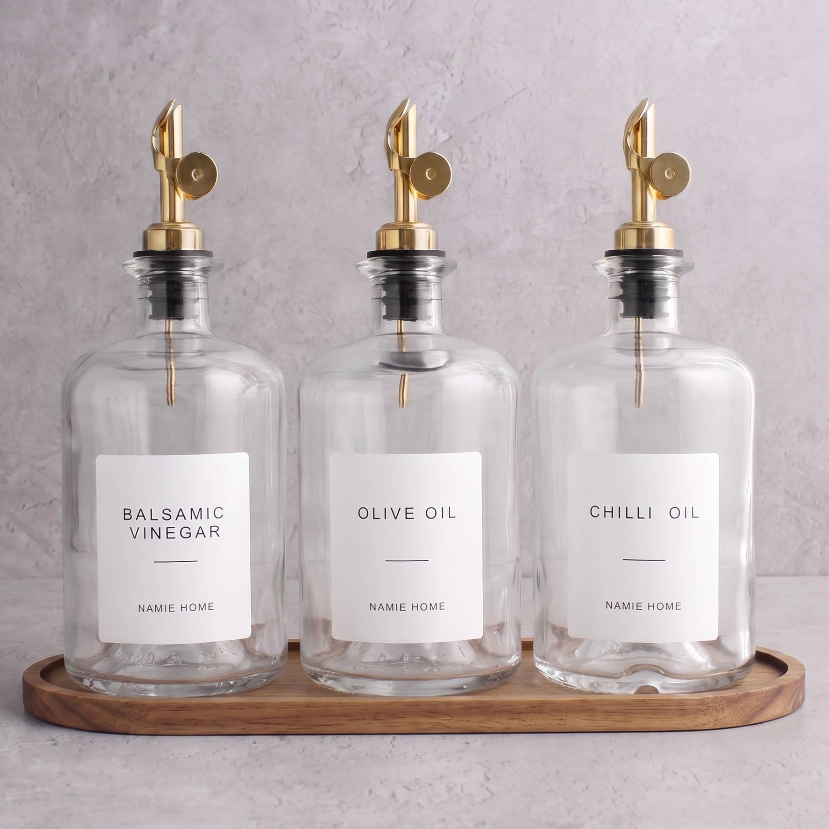 Clear Glass Oil & Vinegar Set of 3 with Acacia Tray