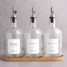 Clear Glass Tall Neck Oil & Vinegar Set of 3 with Bamboo Tray
