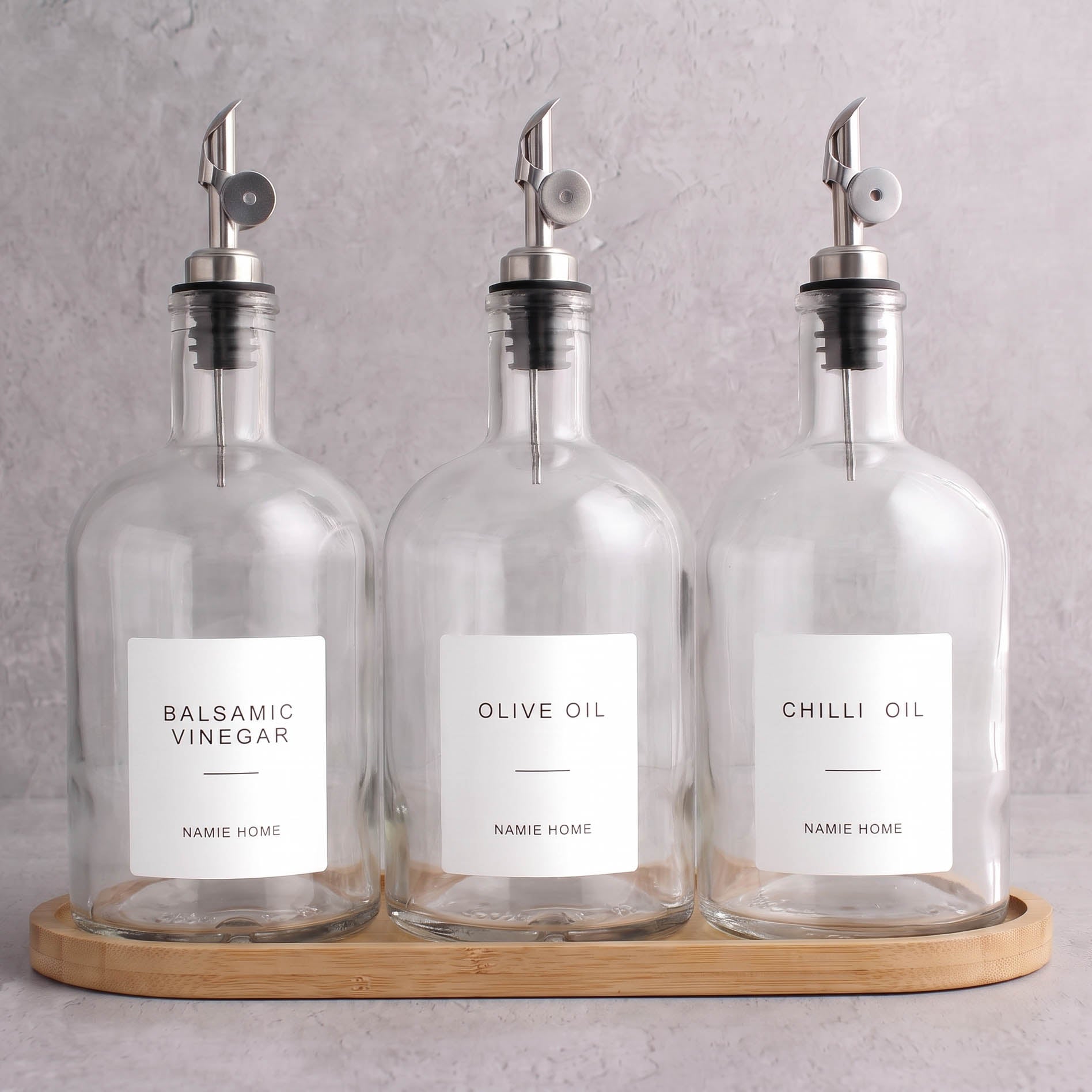 Clear Glass Tall Neck Oil & Vinegar Set of 3 with Bamboo Tray