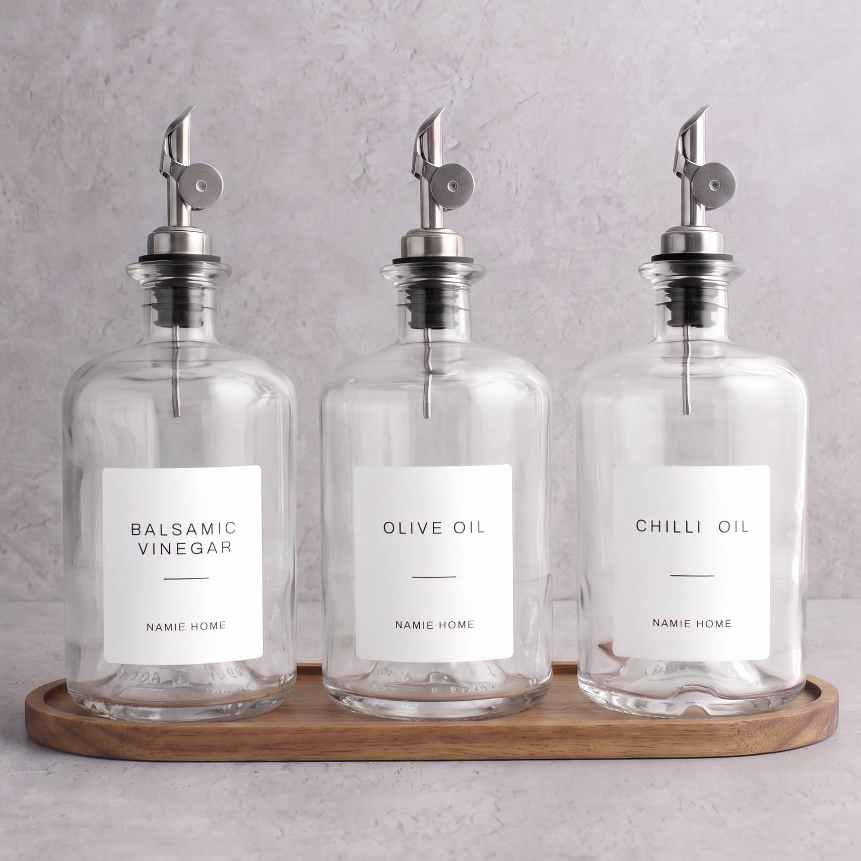 Clear Glass Oil & Vinegar Set of 3 with Acacia Tray