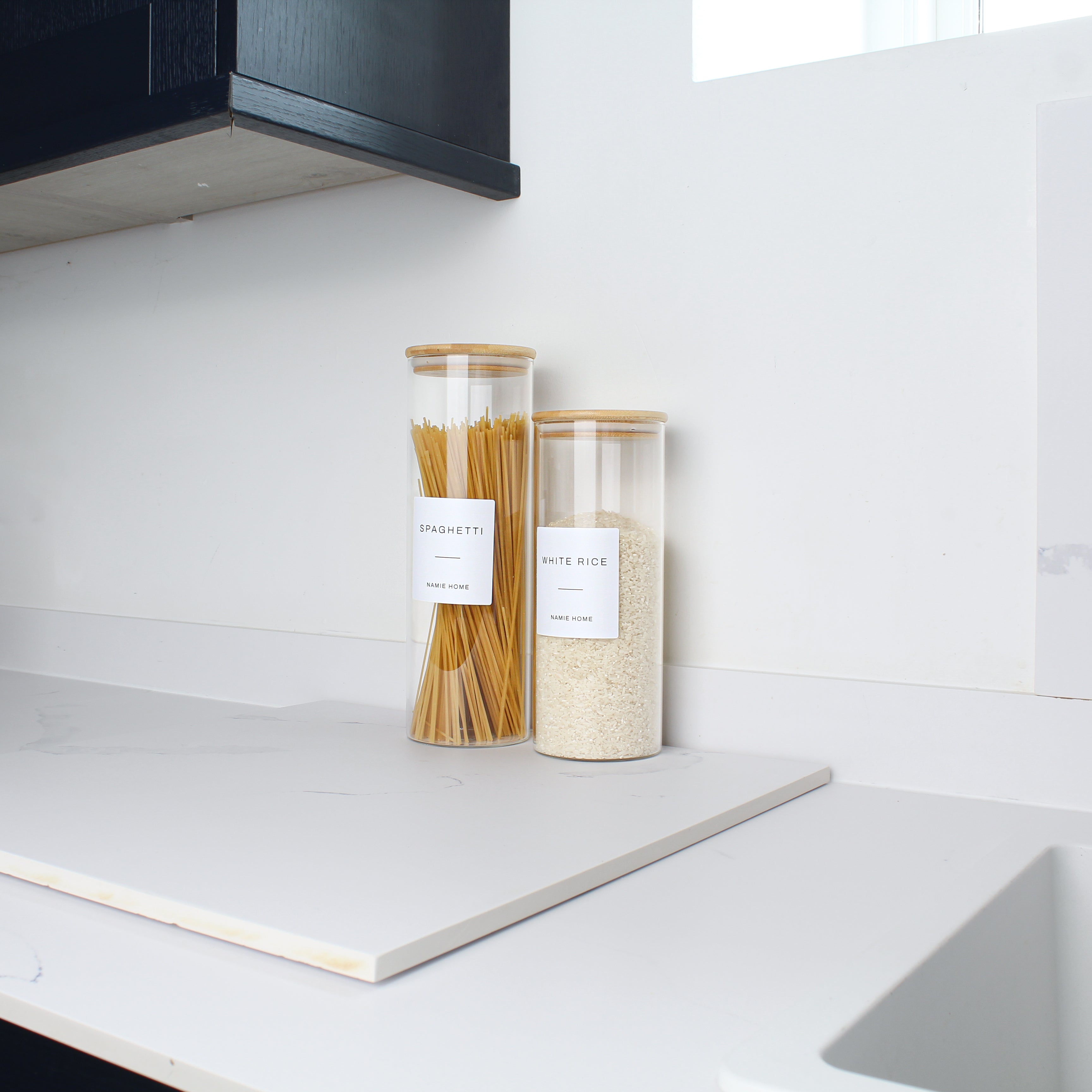 Pantry Storage Jar Set With Bamboo Lids - White Labels