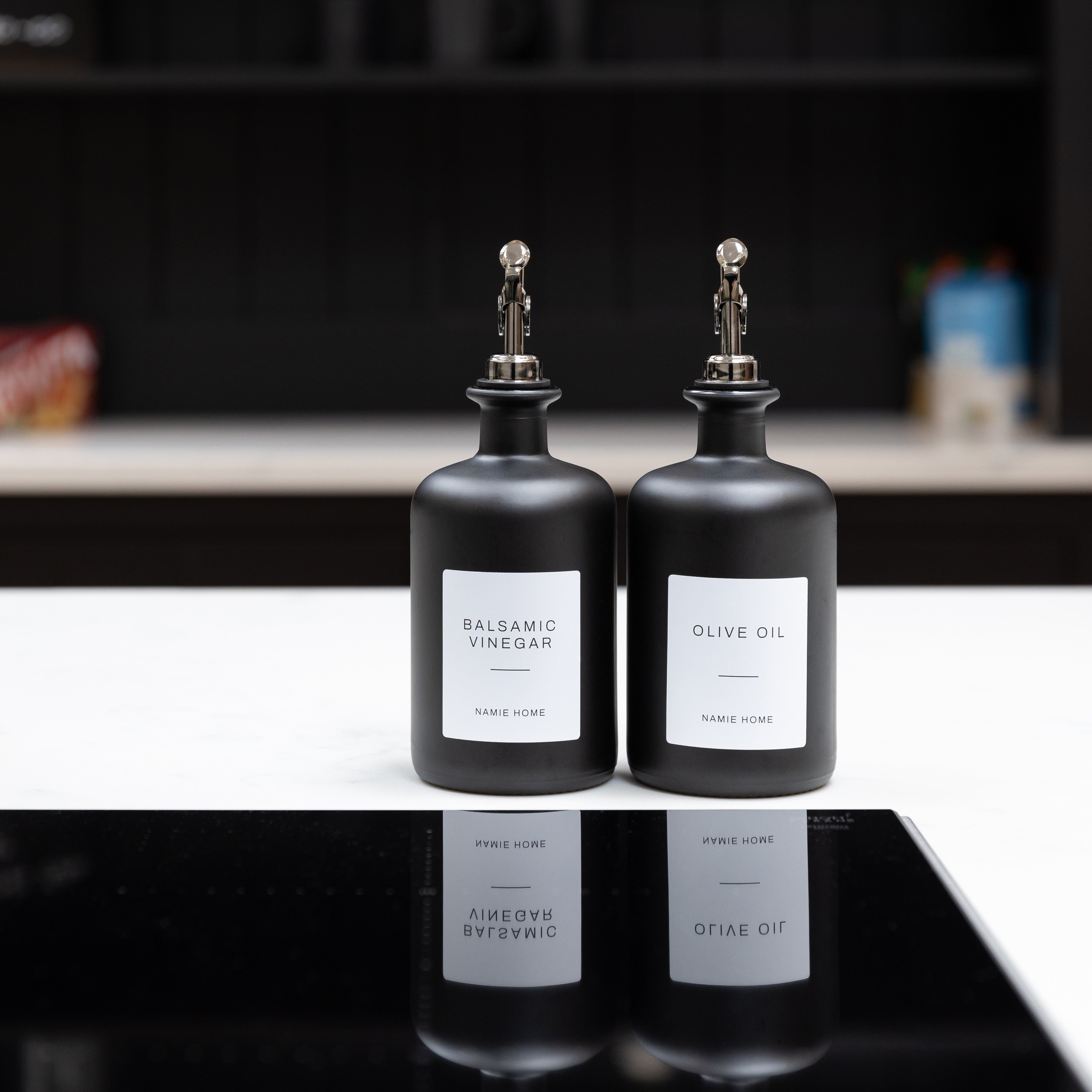 Matte Black Glass Oil Bottle With Label - Namie Home