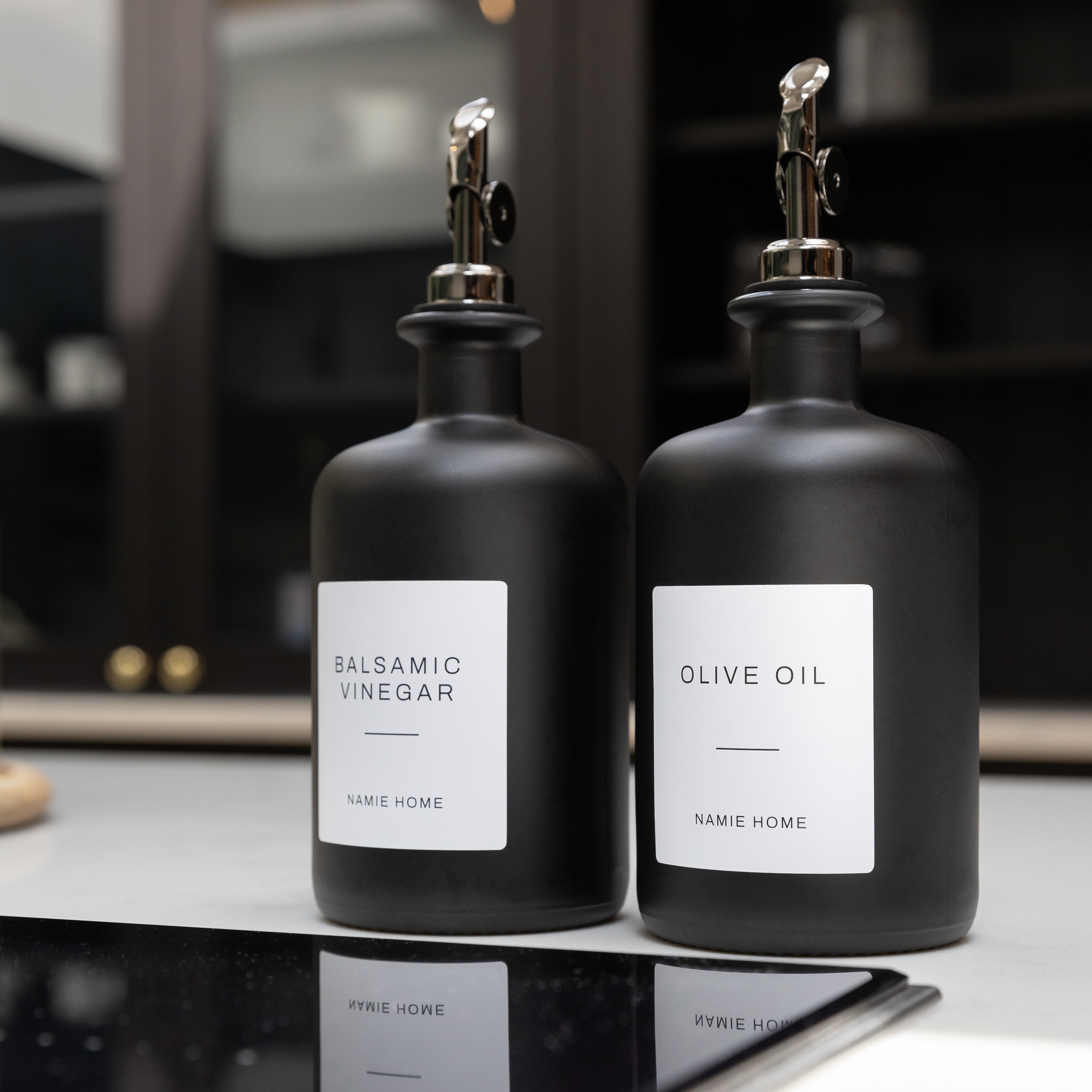 Matte Black Glass Oil Bottle With Label - Namie Home