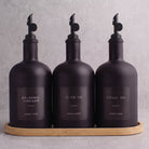 Matte Black Glass Tall Neck Oil & Vinegar Set of 3 with Bamboo Tray