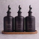 Matte Black Glass Oil & Vinegar Set of 3 with Acacia Tray
