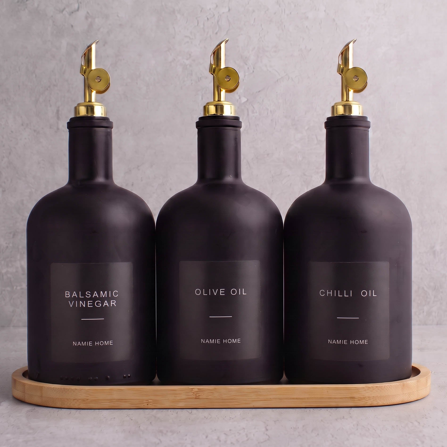 Matte Black Glass Tall Neck Oil & Vinegar Set of 3 with Bamboo Tray