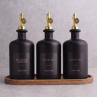 Matte Black Glass Oil & Vinegar Set of 3 with Acacia Tray