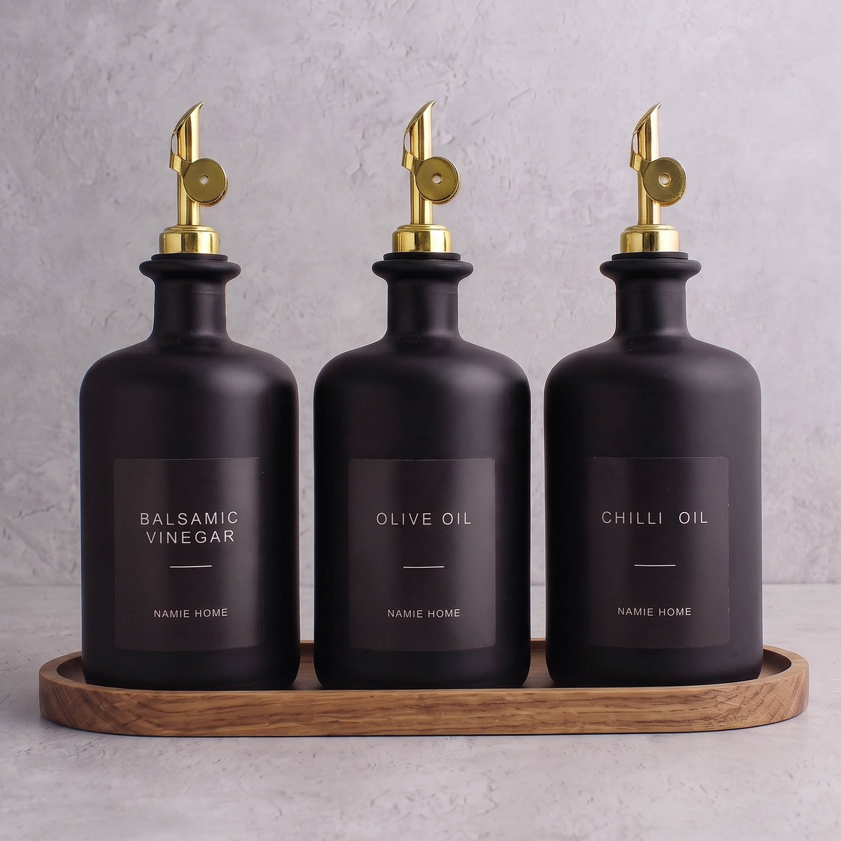 Matte Black Glass Oil & Vinegar Set of 3 with Acacia Tray