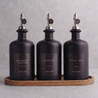 Matte Black Glass Oil & Vinegar Set of 3 with Acacia Tray
